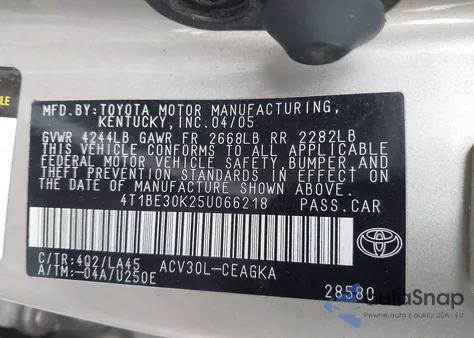 2005 Toyota Camry Xle из США, поврежденный, VIN 4T1BE30K25U066218